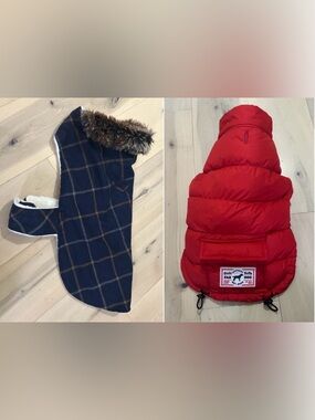 Fab Dog & Land’s End Red Puffer Blue Plaid Dog Vests Medium